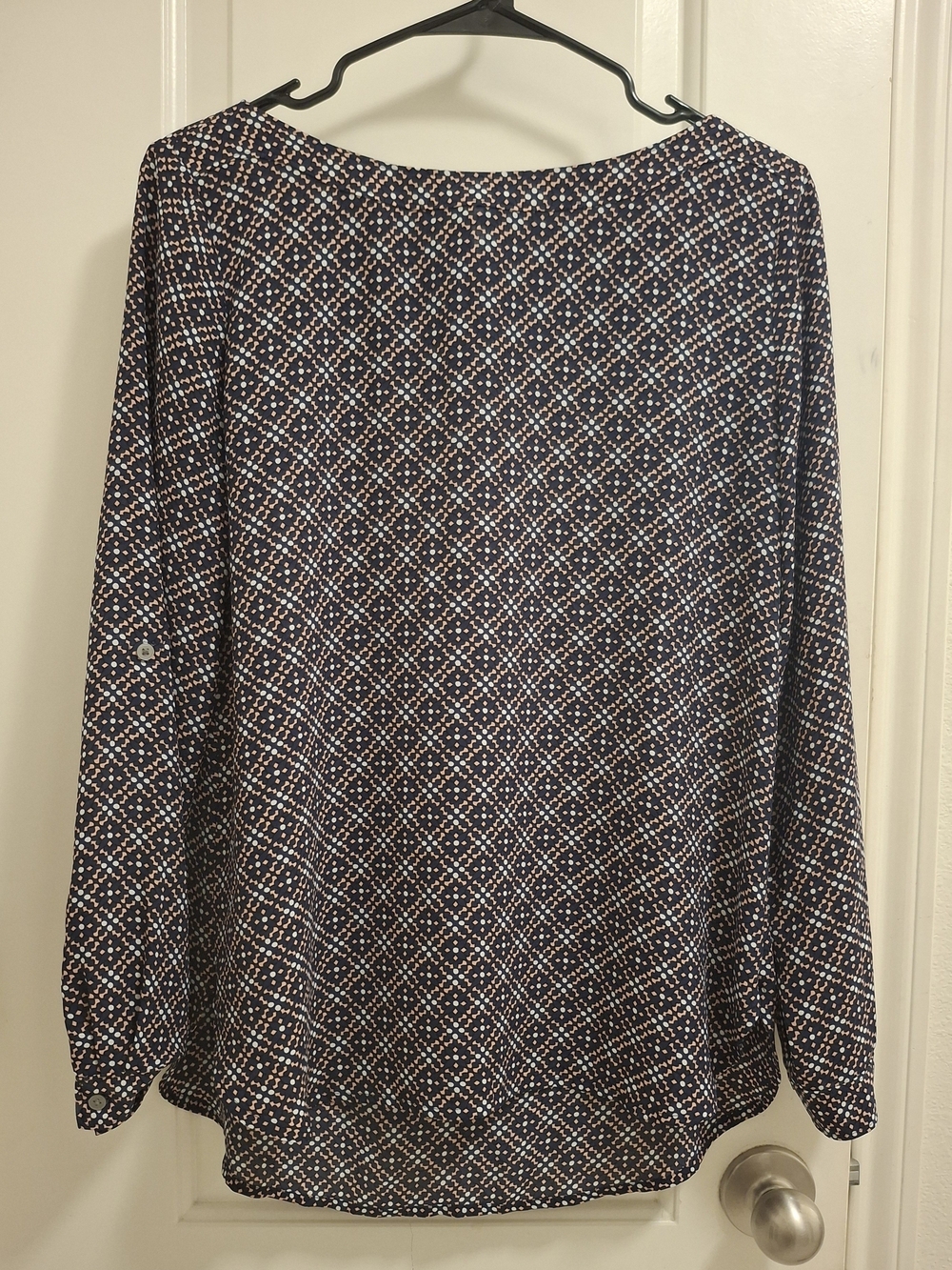 LOFT Navy Blouse with Pink and White Geometric Print